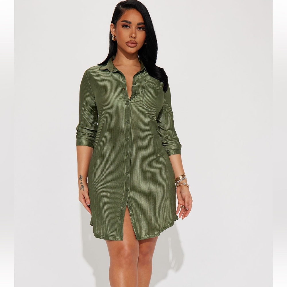 Fashion Nova Plisse Lonf Sleeve Shirt Dress